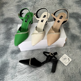 Giày cao gót sandal bít mũi nhọn 7 phân, gót vuông 7cm, chất da nỉ cao cấp