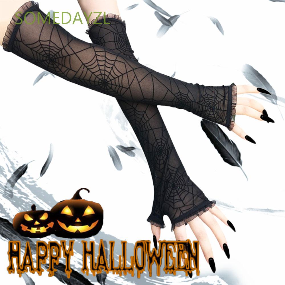 Đôi Găng Tay Dài Hở Ngón Kiểu Hình Mạng Nhện Cho Halloween
