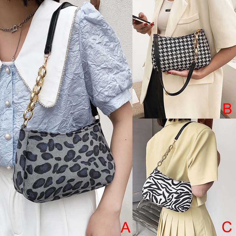 Túi Xách Vải Canvas Họa Tiết Da Báo Ngựa Vằn Phối Dây Xích Thời Trang Cá Tính Cho Nữ