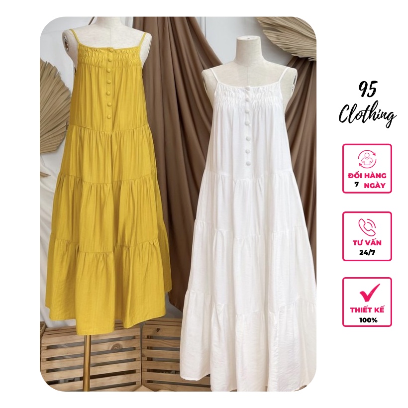 [Hàng Thiết Kế] Đầm maxi 2 dây tầng nút bọc