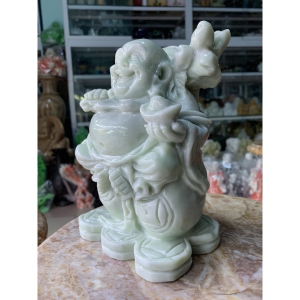 Tượng Cụ Di Lặc Cười Hoan Hỉ Đá Cẩm Thạch Trắng Xanh - cao 21cm