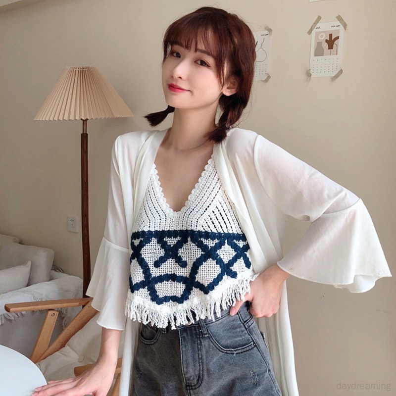 Áo Tank Top Cổ Chữ V Đan Móc Màu Sắc Retro Dành Cho Nữ