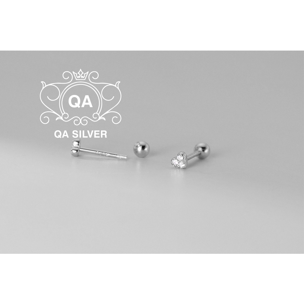 Khuyên tai bạc trái tim đính đá bông tai bạc chốt bi vặn tròn ren xoắn S925 HEART Silver Earrings QA SILVER EA191002