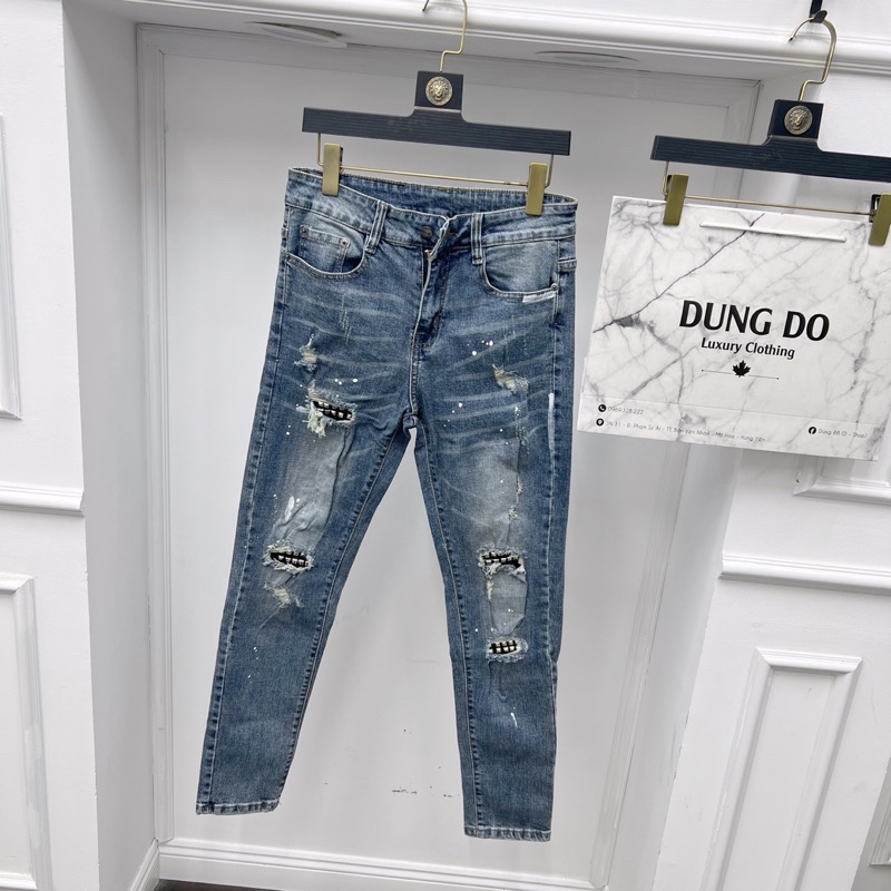 Quần Jean đính đá xanh mài vẩy sơn cực ngầu