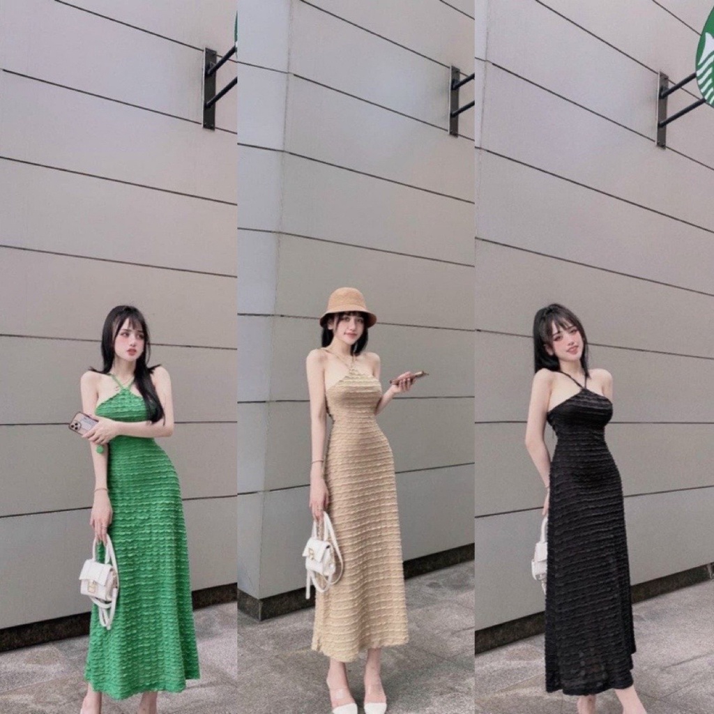 Đầm ôm body cổ yếm phối dây cột Form dài tôn dáng siêu xinh
