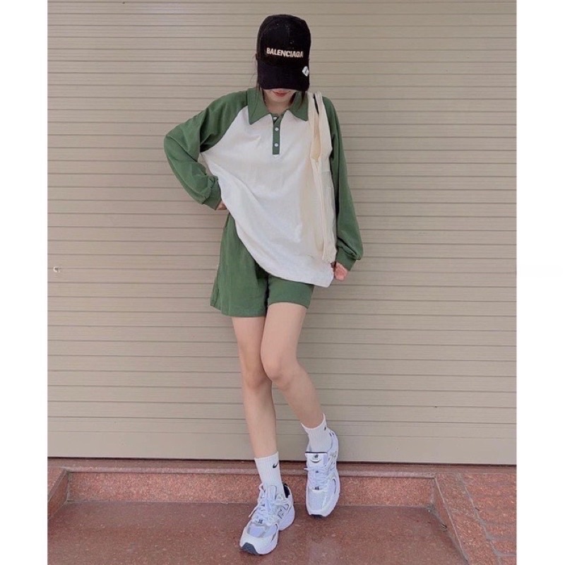 Set Polo Nữ Form Rộng Phối Raplang , Bộ Thể Thao Tay Dài Áo Cổ Đức  Kèm Quần Short Năng Động Trẻ Trung(ảnh thật)