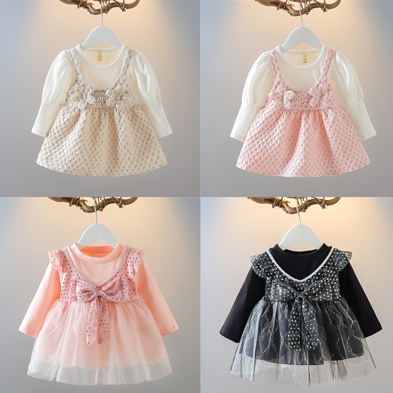 Đầm Công Chúa Giả Hai Lớp Tay Dài Bằng Vải Tuyn Đính Kim Sa Dành Cho Bé Gái 0-3 Tuổi