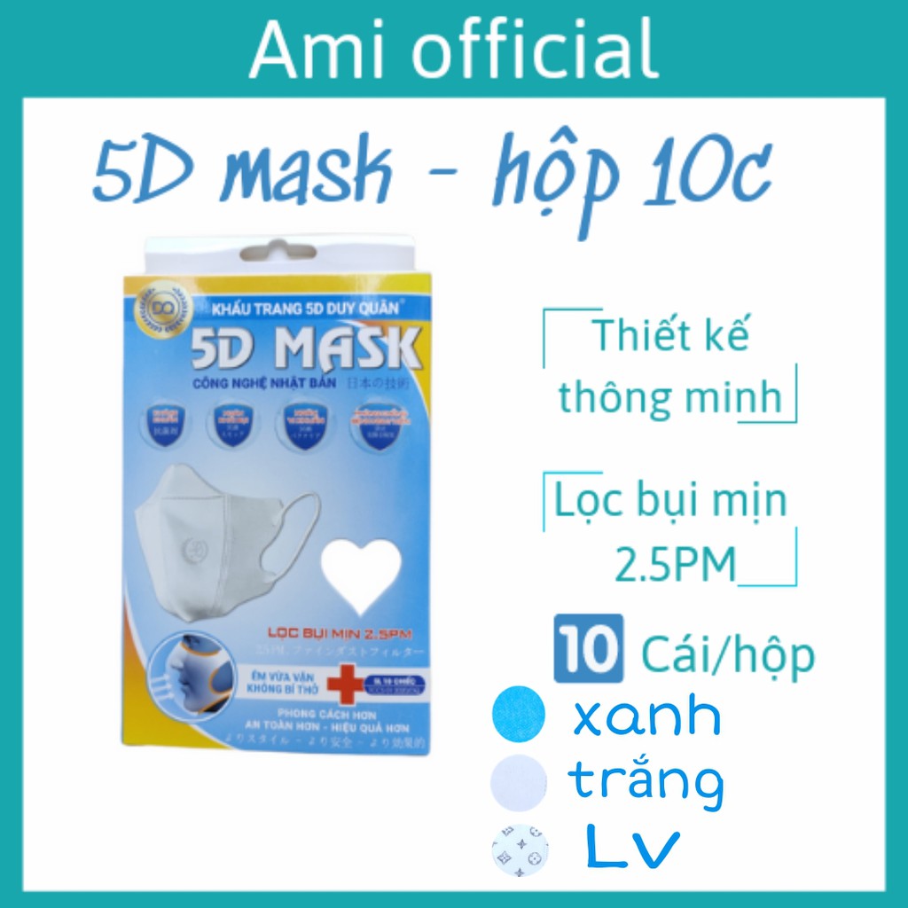 Khẩu trang 5D MASK màu trắng xanh hộp 10 chiếc vải không dệt kháng khuẩn chống bụi mịn khẩu trang AMI