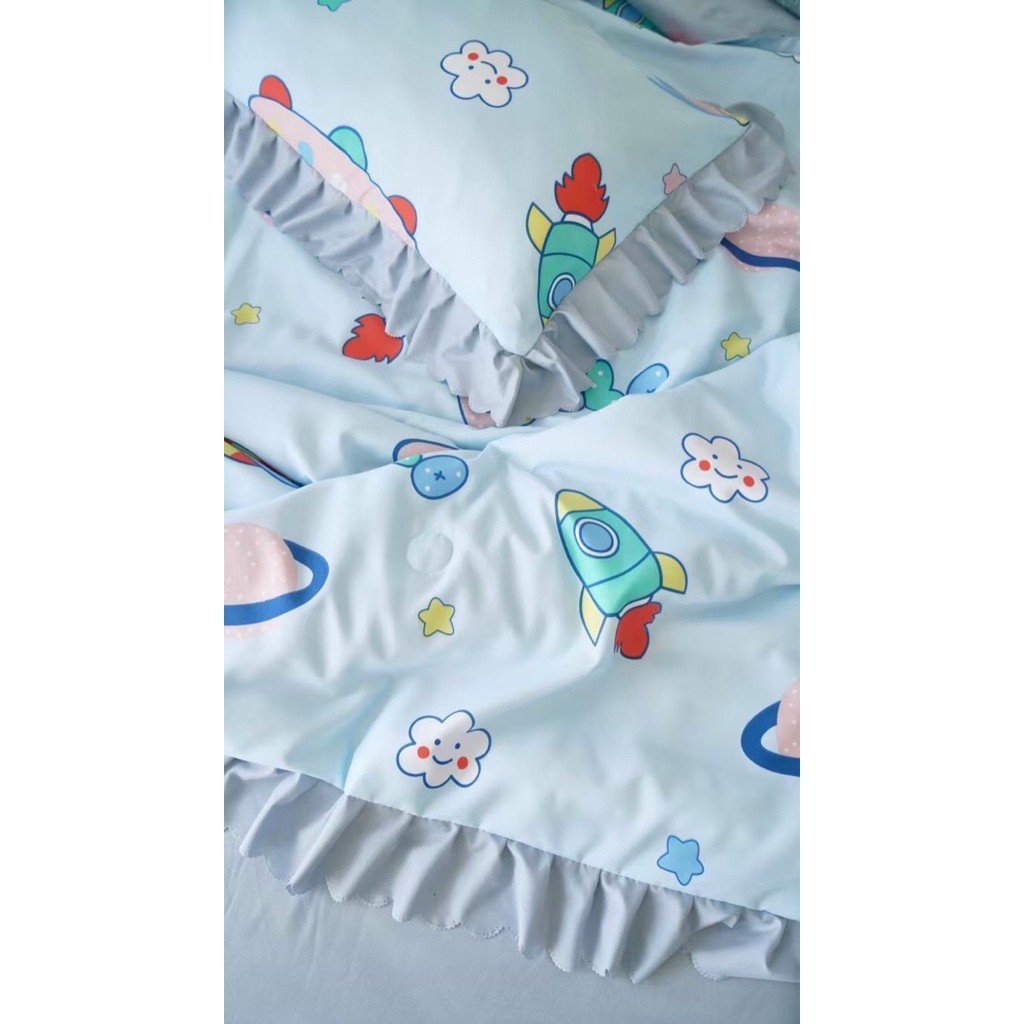 Bộ chăn ga gối cotton đũi bèo phối theo phong cách hotren  hàn quốc , nệm đủ kích thước 1m6 , 1m8 , 2m2