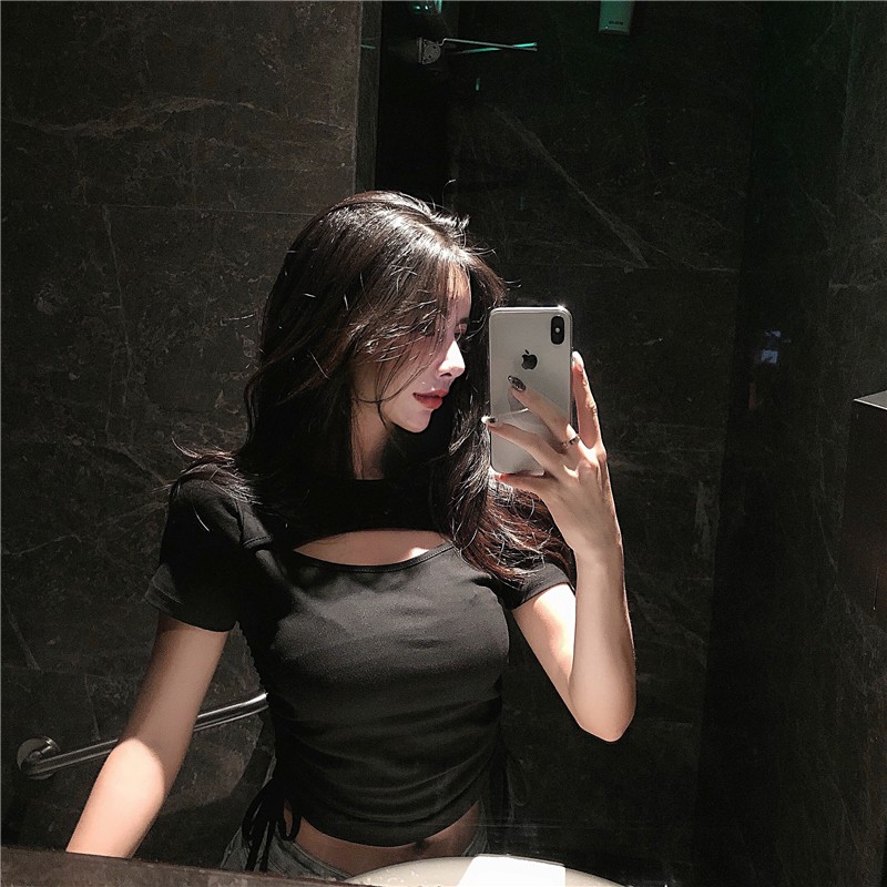 [CÓ SẴN FREESHIP ĐƠN TỪ 50K] Áo croptop tay ngắn màu trơn vải thun khoét ngực rút dây hai bên eo nữ BS24