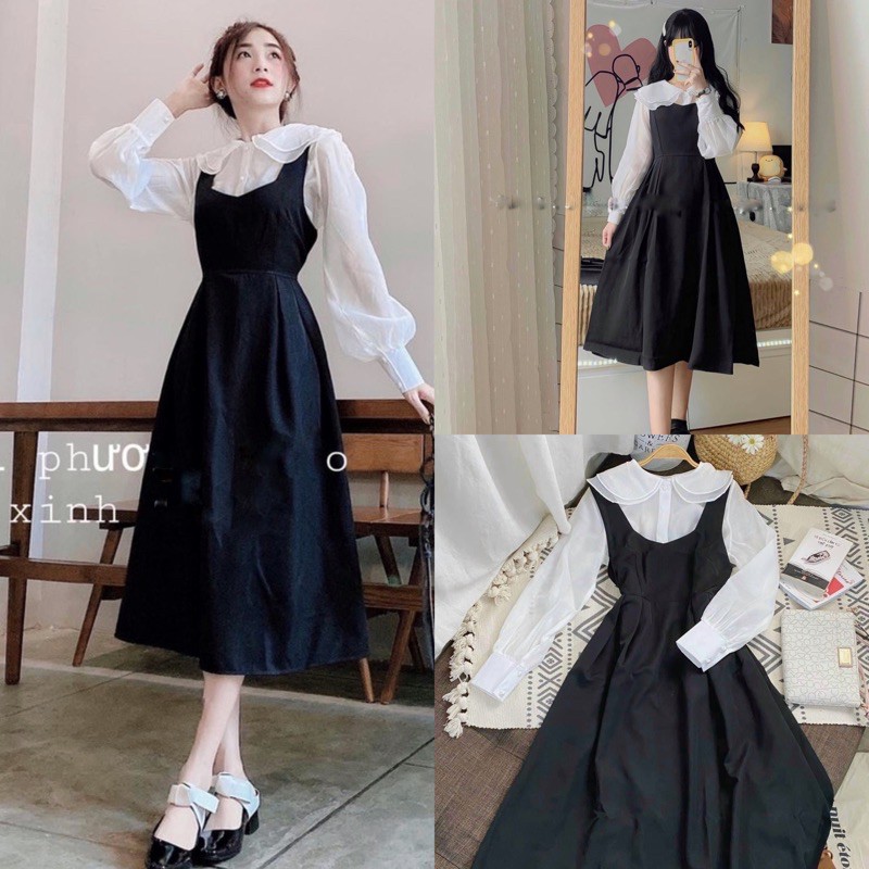 [Ảnh thật/Video] Set áo kèm yếm kiểu Pháp dáng xòe dài mùa thu vintage đơn giản nhẹ nhàng trẻ trung Váy yếm tiểu thư | BigBuy360 - bigbuy360.vn