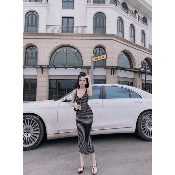 Đầm Hai Dây Cổ Tim Kẻ Sọc Ngang - Dáng Dài Maxi Form Ôm Body Sexy - Thun Gân - Basic Đơn Giản Dễ Mặc