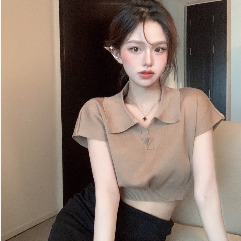 Áo thun IHKKE dệt kim dáng ôm thiết kế đơn giản thời trang nữ tính