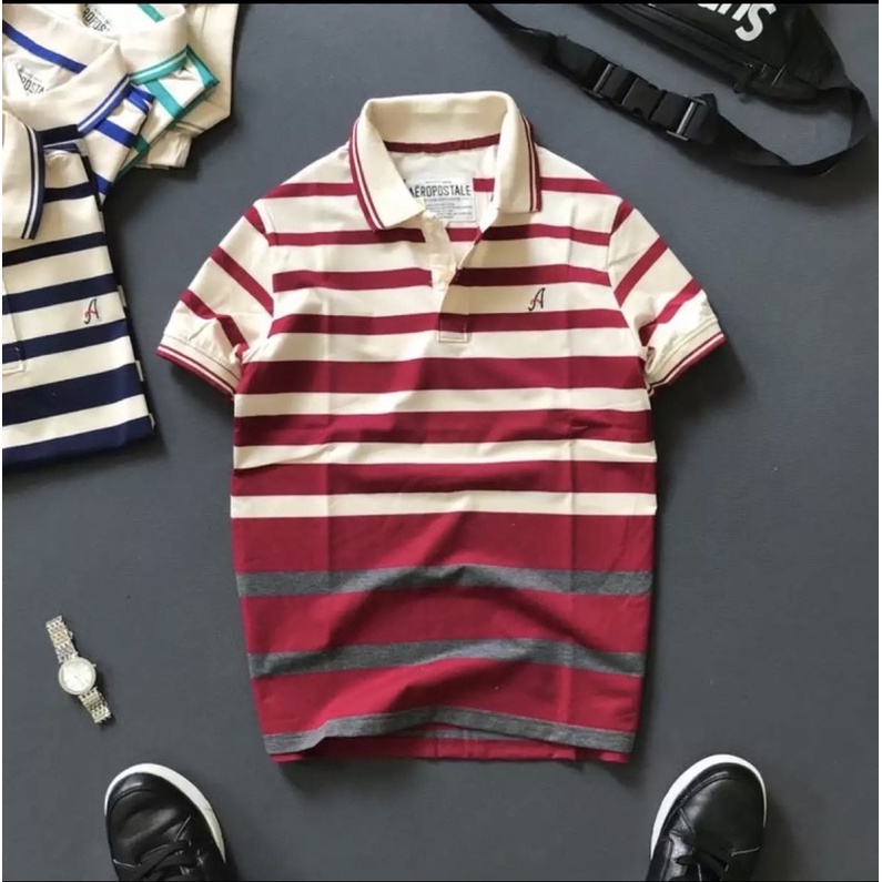 Áo thun polo nam phối sọc đỏ đậm chất cotton