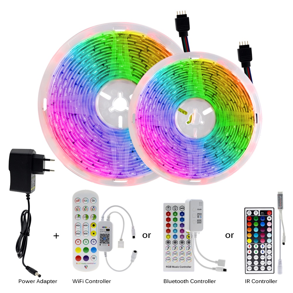 Dải đèn LED RGB 5050 DC12V Băng đèn linh hoạt Dải điốt băng 5M 10M 15M 20M 30M Dải ánh sáng LED Fita + Bộ điều khiển + Bộ chuyển đổi