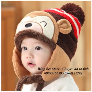 Mũ len khỉ lót lông cừu cho bé