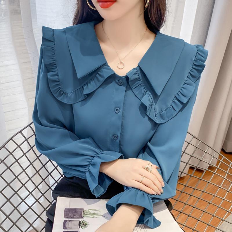 Áo Sơ Mi Chiffon Tay Dài Cổ Búp Bê Ngọt Ngào Thời Trang Cho Nữ