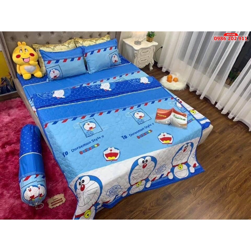 Trọn bộ 5 món ⚡Chăn Ga Gối⚡ Doraemon chăn trần bông hai mặt hàng loại 1