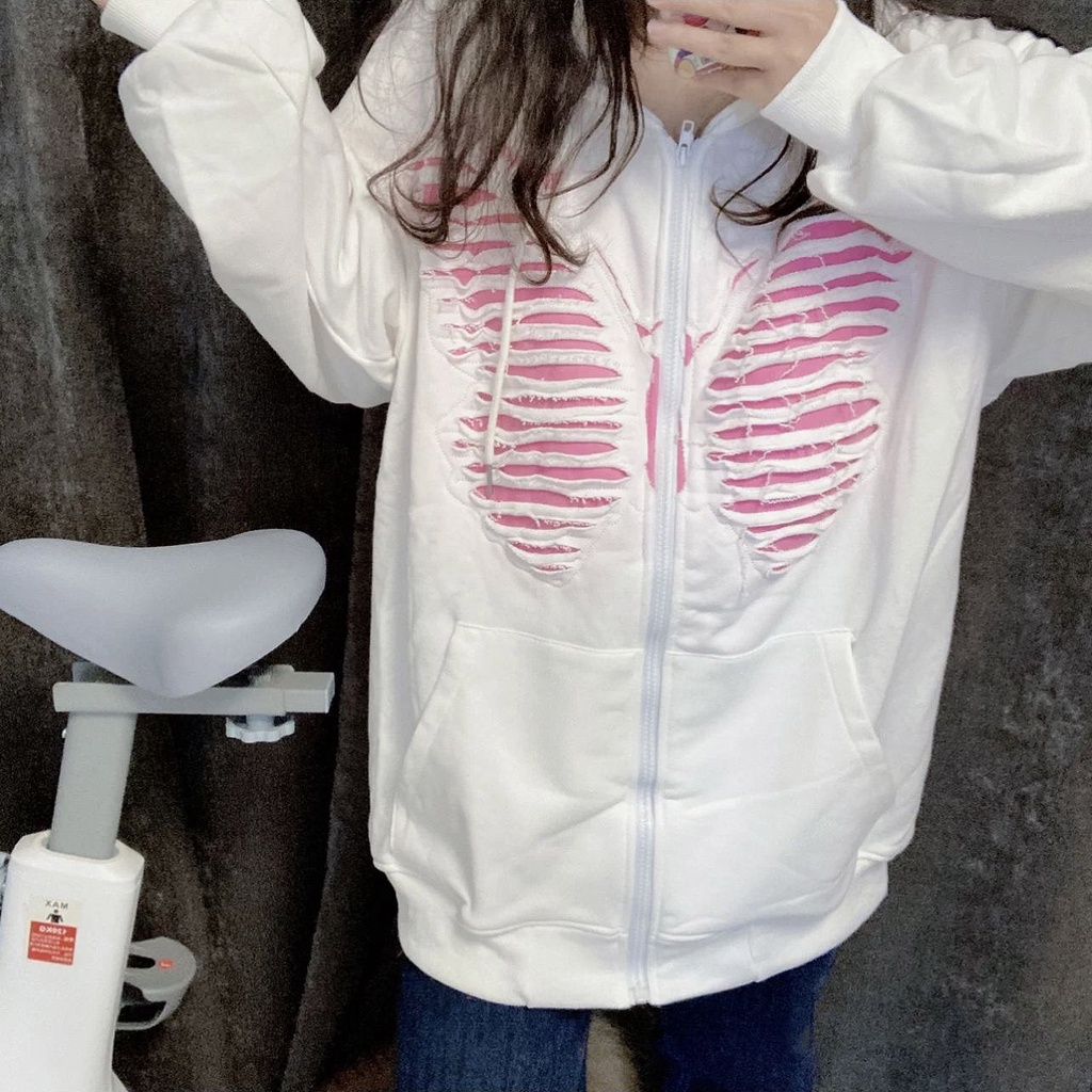 【ZHELIHANGFEI】Áo Hoodie Tay Dài Form Rộng Thiết Kế Xẻ Rách Phong Cách Preppy Mỹ