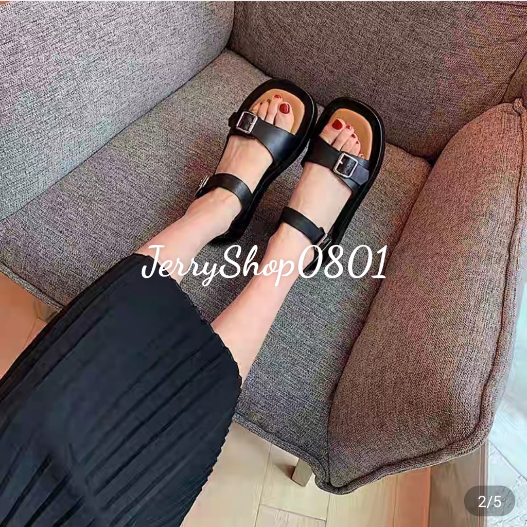 Sandal nữ đế BÁNH MÌ CAO 2P 2 KHÓA  ĐẾ NÂU mẫu mới đen trắng