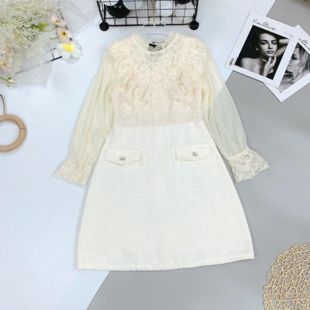 Váy nữ thiết kế dáng ngắn chữ A đầm dạ phối hoa ren sang chảnh HN Clothing | BigBuy360 - bigbuy360.vn