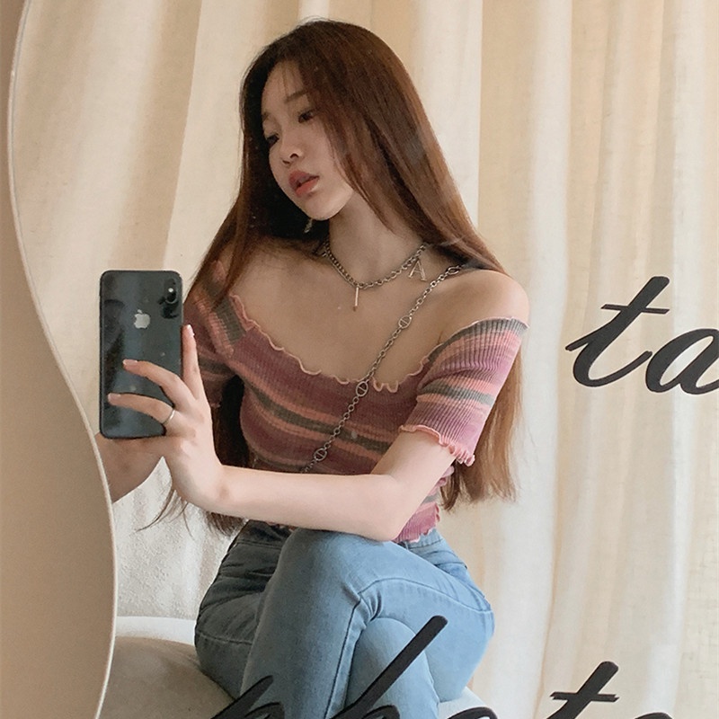 621893#Áo Thun Ngắn Tay Lệch Vai Màu Nhuộm Họa Tiết Kẻ Sọc Thời Trang Mùa Hè Mới 2022 Dành Cho Nữ