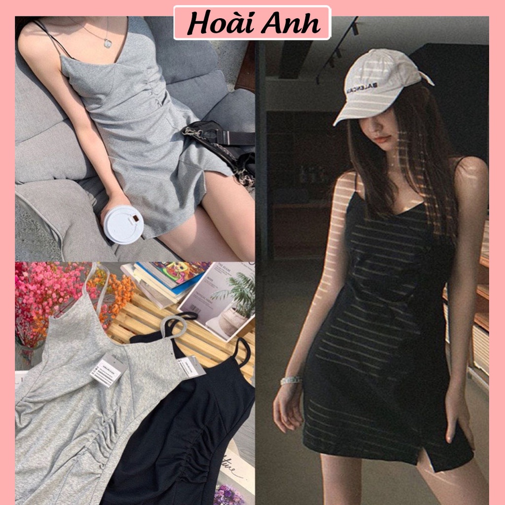 Váy 2 Dây Rúm Xẻ Tà Đầm Hai Dây Nữ Thiết Kế Nhún Cắt Ly Chất Thun Bozip Freesize