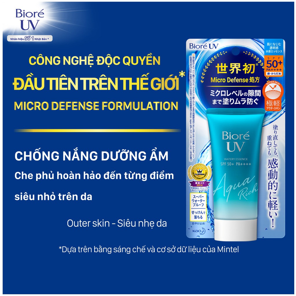 Biore UV Aqua Rich Watery. Essence chống nắng màng nước dưỡng ẩm thấm nhanh nhẹ tênh không nhờn rít SPF50+/PA++++ 34193