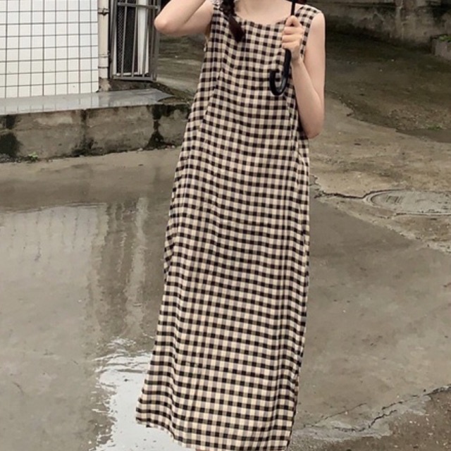 2END | Váy nữ kẻ suông dáng dài Vintage - Đầm xuông dáng dài