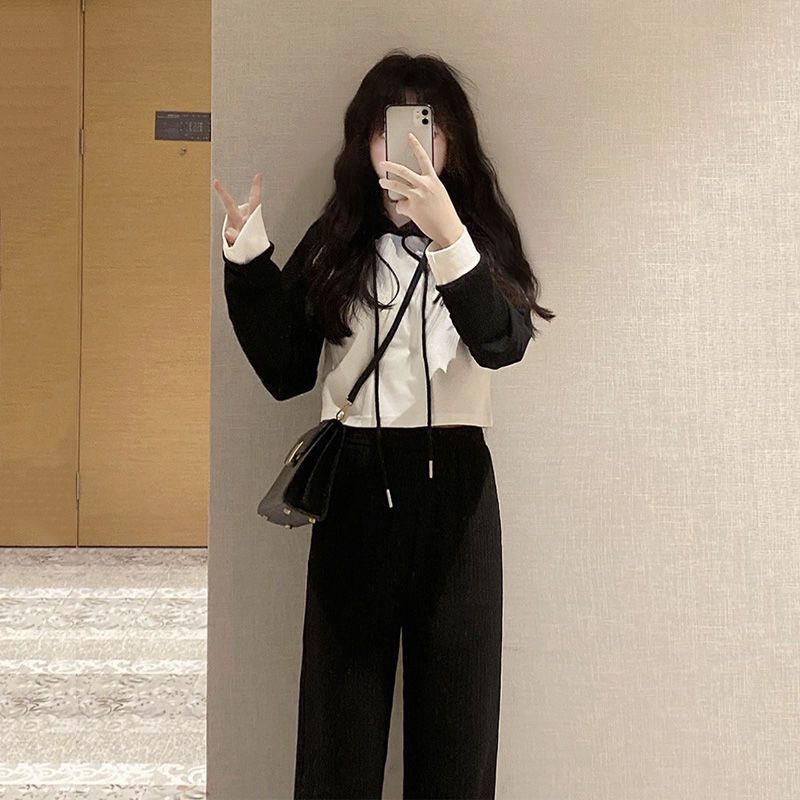 Early autumn suit girl student foreign style small hooded hoodie high waist wide leg pants leisure temperament two sets of tide