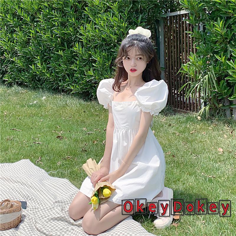 Đầm Cổ Vuông Tay Phồng Ngắn Hở Lưng Thắt Nơ Thời Trang Cho Nữ