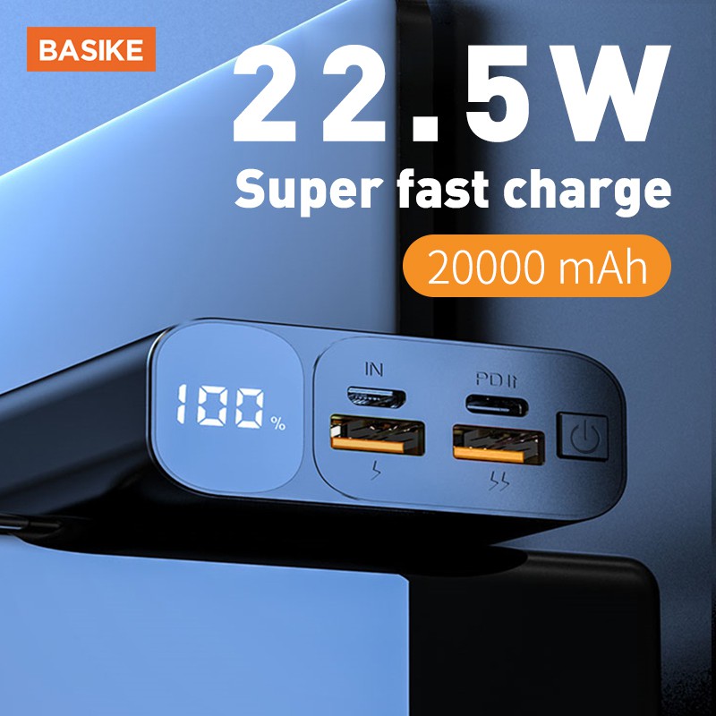 Pin Sạc Dự Phòng BASIKE 20000MAH 22.5W Vỏ Kim Loại Hiển Thị Mức Pin + Dây Cáp Sạc