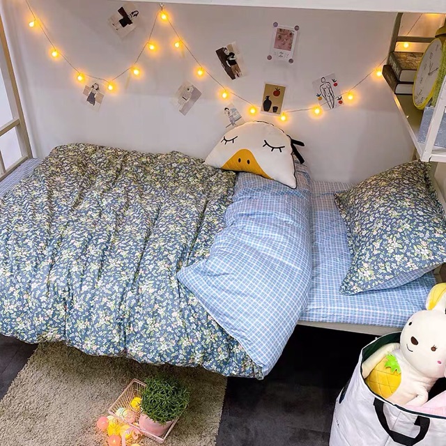 Set Chăn Ga Cotton Poly Hoa Lá Ga Kẻ Ô Vuông Xanh Sọc Tím Bền Mát Shinbedding.shop