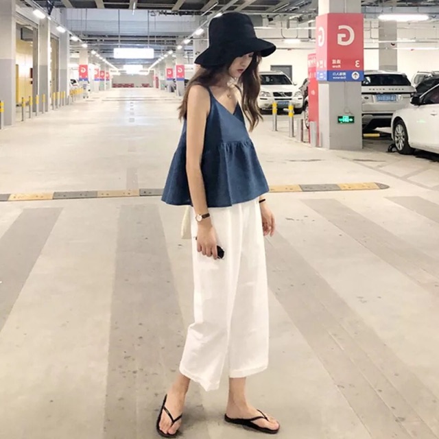 Quần culottes ống rộng nữ chất liệu đũi chiều dài 78cm