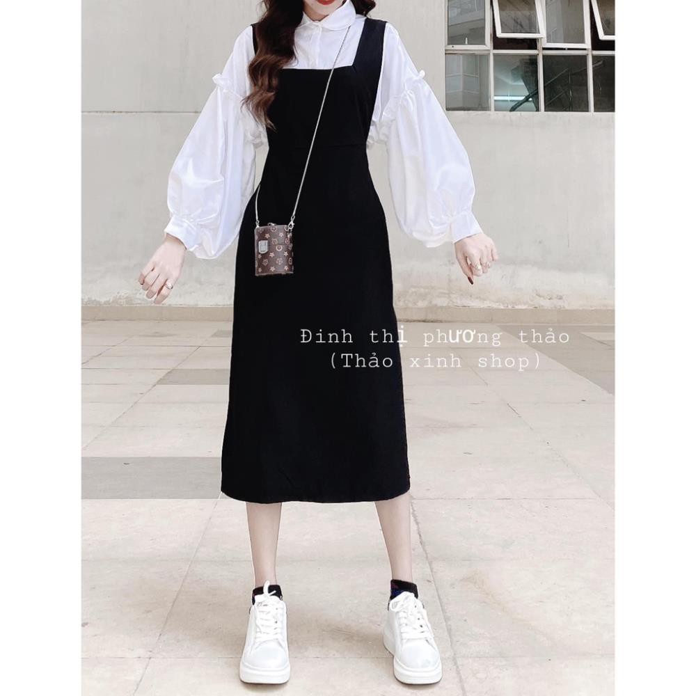 Set váy áo nữ phong cách, áo sơ mi tay phồng kèm chân váy yếm dáng dài xinh xắn, kiểu dáng trẻ trung năng động
