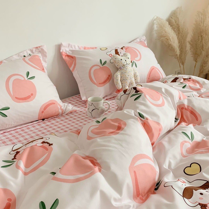 Set Chăn Ga Đào Hồng Cam Ga Kẻ Caro Cotton Poly Bé Gái Siêu Xinh (Shinbedding.shop)