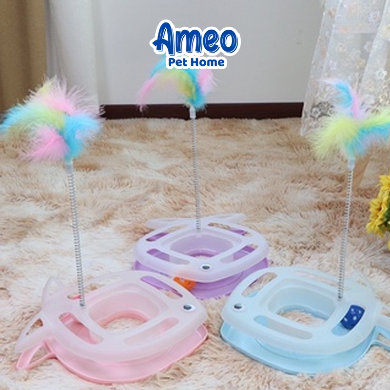 Đồ chơi chó mèo, Tháp banh chuông hình cá có lò xo lông vũ xinh xắn cực vui - Ameo Pet Home