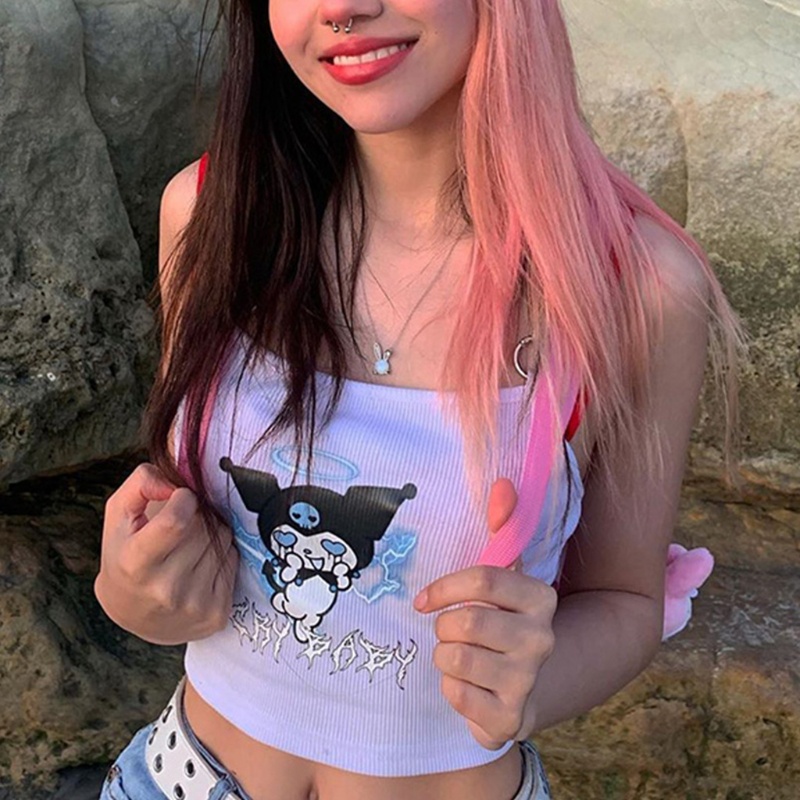 Áo croptop ôm dáng hai dây phối dây xích kim loại in họa tiết ác quỷ anime cho nữ