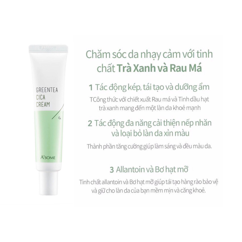 Kem mụn, giảm viêm sưng tấy đỏ chiết xuất trà xanh và rau má A'some Greentea Cica Cream 40ml