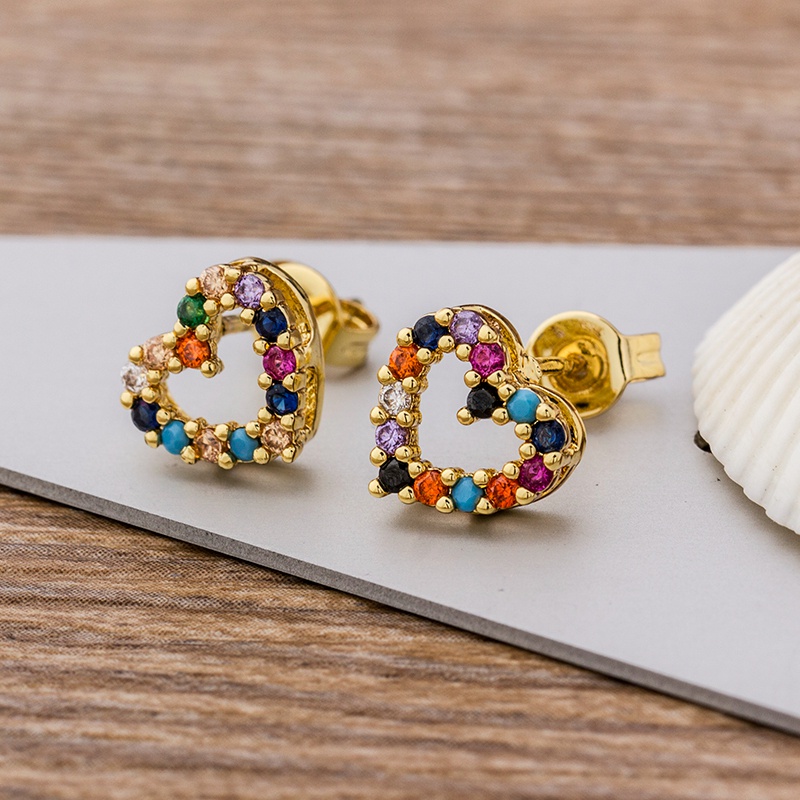 Khuyên Tai Hình Trái Tim Đính Đá Zircon Cầu Vồng Phong Cách Cổ Điển