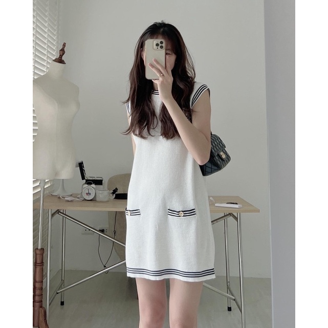 VN839 - VÁY LEN SUÔNG SÁT NÁCH CỔ TAY VIỀN 2 TÚI