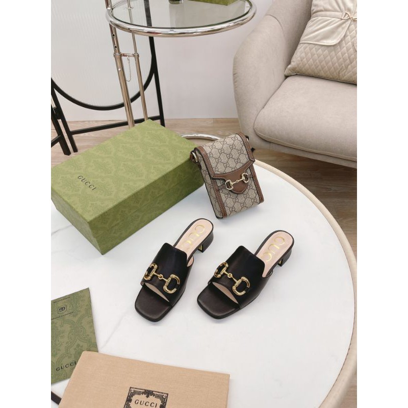 Guốc thời trang nữ da thật mũi vuông gót 2,5/5,5cm gắn quai xích G-C Gucci