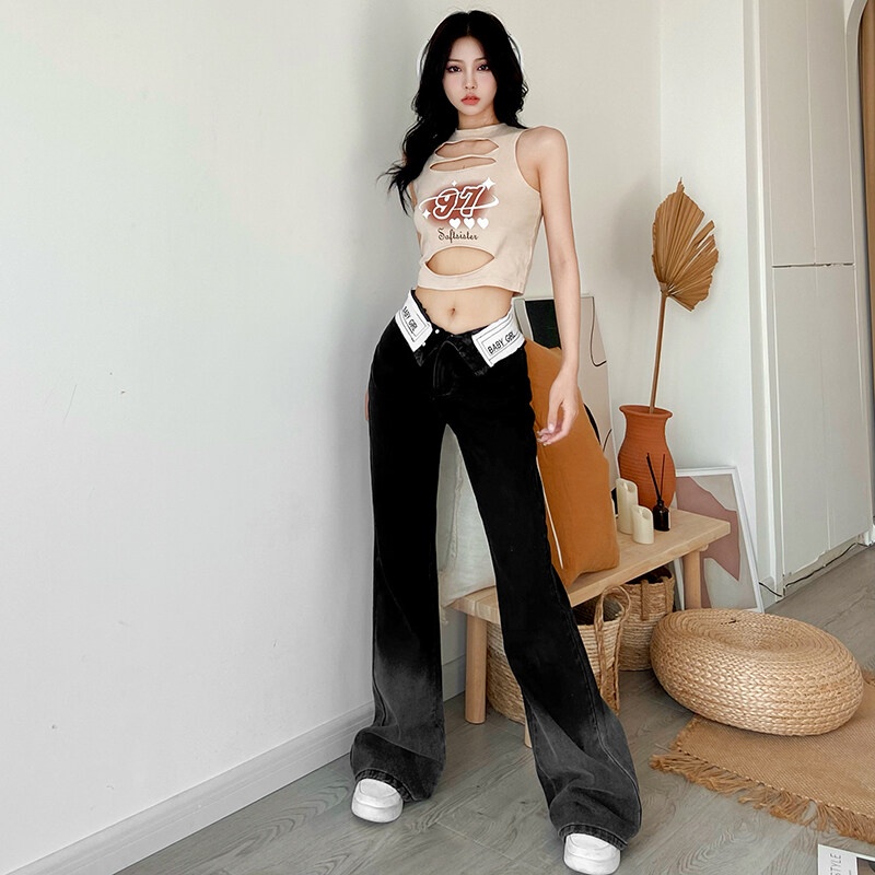 Quần jeans denim KLIOU 2022 ống loe lưng cao màu gradient thời trang cho nữ