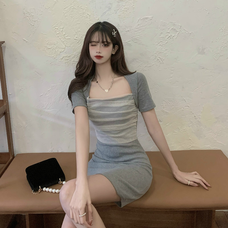 SUXI Đầm tay ngắn phối lưới thiết kế thanh lịch GỢI CẢM cho nữ