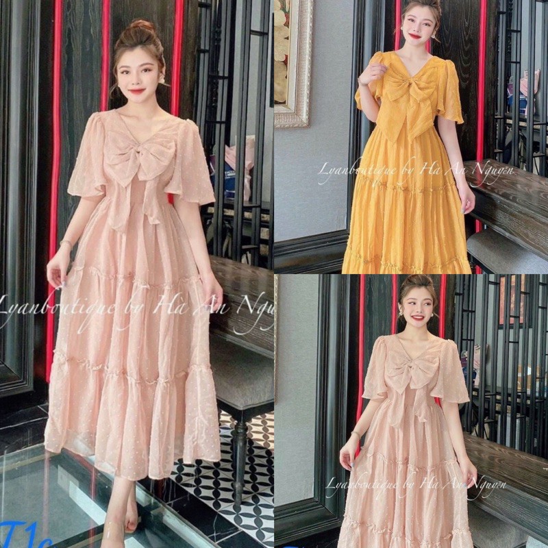 Đầm maxi xoè nơ tiểu thư, Đầm váy xoè 2 lớp cao cấp