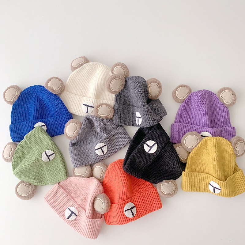 Mũ Len Beanie Đính Tai Gấu Dễ Thương Cho Bé