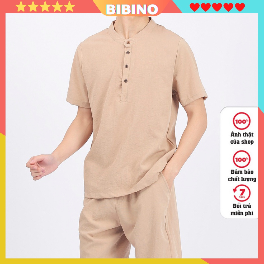 Bộ quần áo nam cổ tàu tay ngắn vải đũi thái mềm mịn cao cấp thoáng mát form rộng mặc nhà đi chơi dạo phố hàn quốc BIBINO
