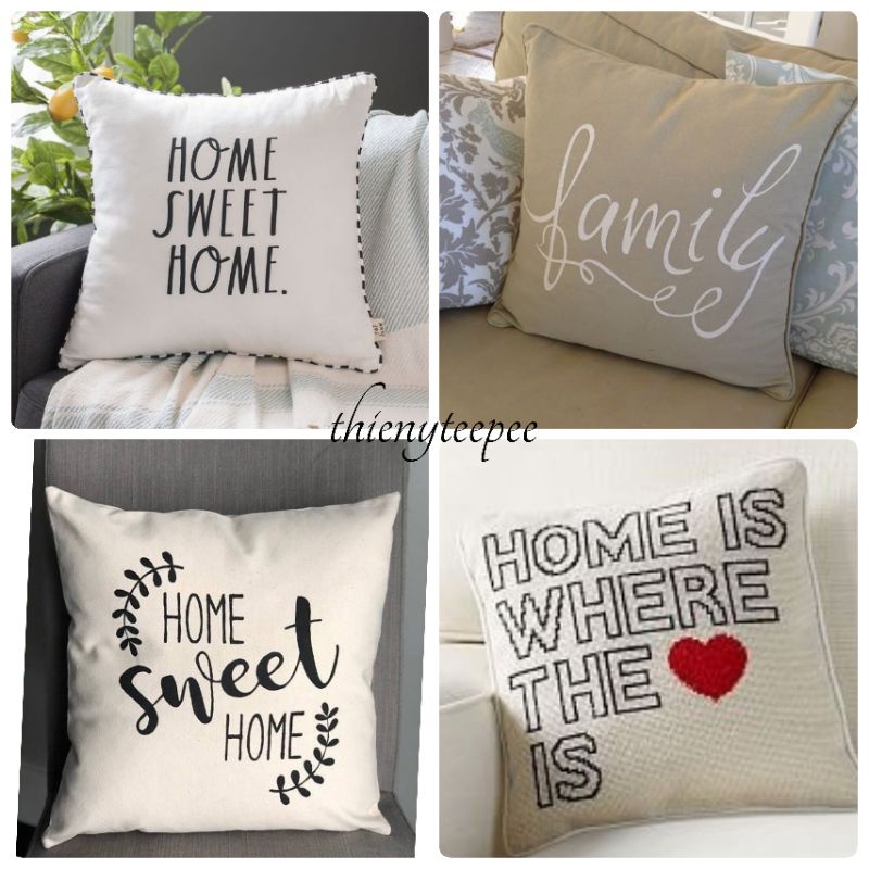 Gối thêu chữ Home Sweet Home, Family, Home is where the ♡ is, Gối Sofa vải linen canvas cotton đẹp, Gối tựa trang trí