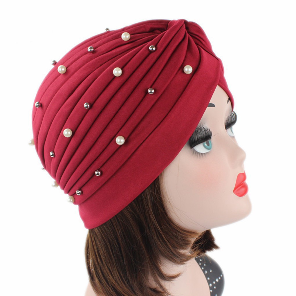 Mũ turban đính hạt ngọc trai nhân tạo thời trang cho nữ