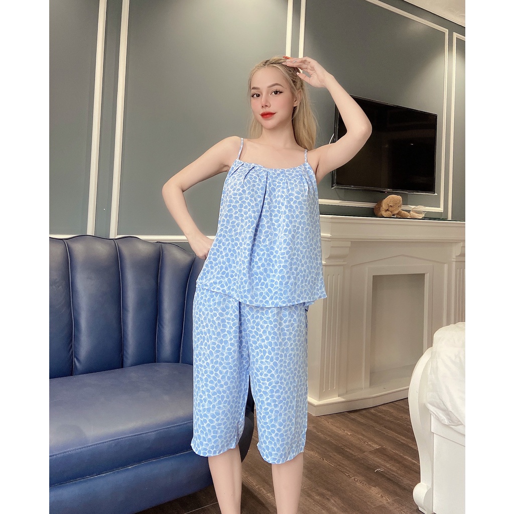 Đồ Bộ Mặc Nhà VAYO, Bộ Lửng Đồ Mặc Nhà Áo Hai Dây Xếp Ly Ngực Đẹp Vải Lụa Mát Thời Trang Nữ Có Túi Dưới 65kg | BigBuy360 - bigbuy360.vn